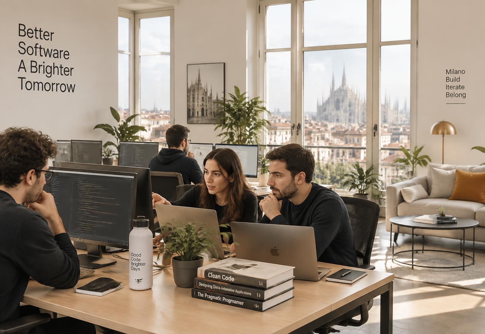 Sigma Uno engineers working together in a bright Milan studio